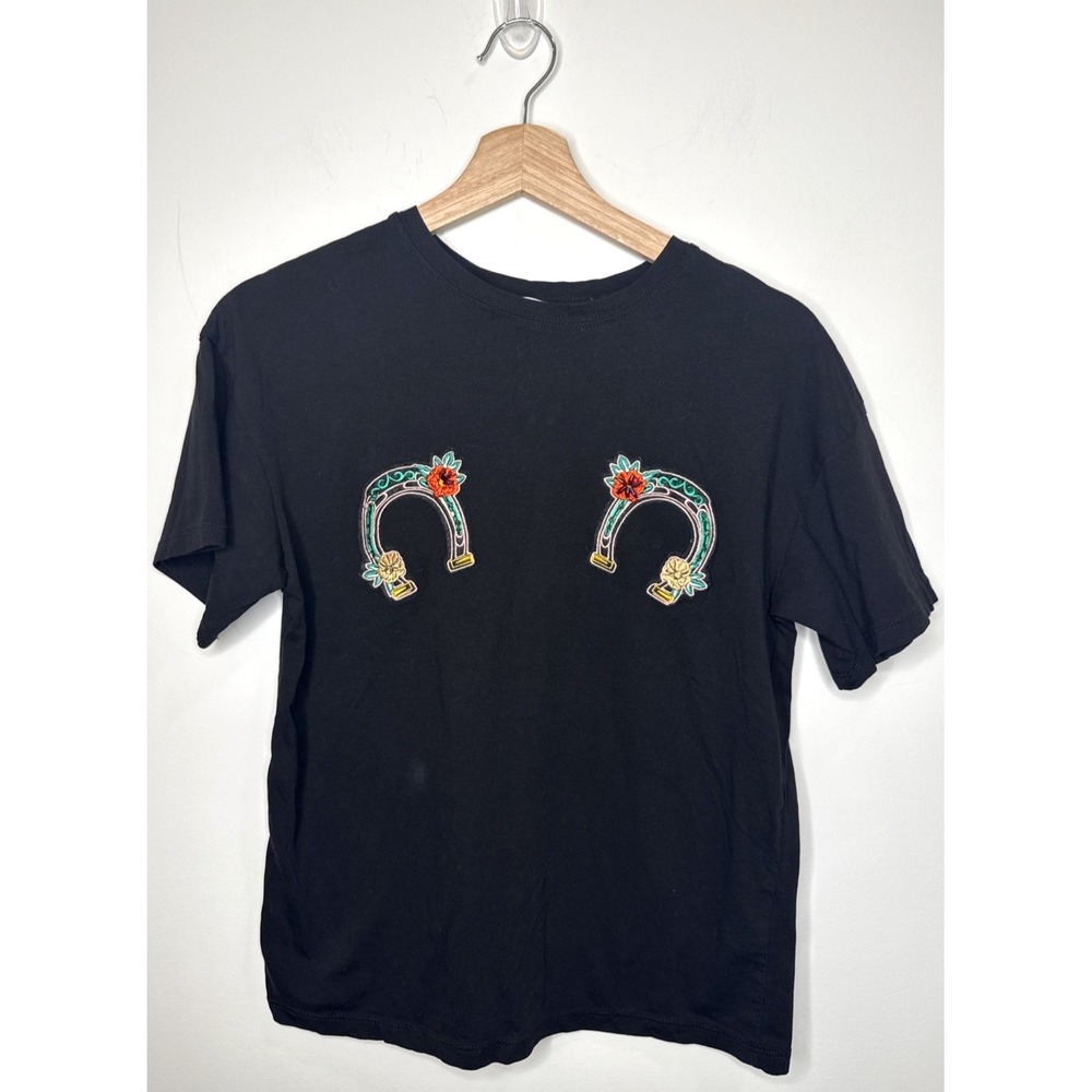 Pull&Bear T-shirt Women XS Black Horseshoe Embroidered Beaded Western Cowgirl 24